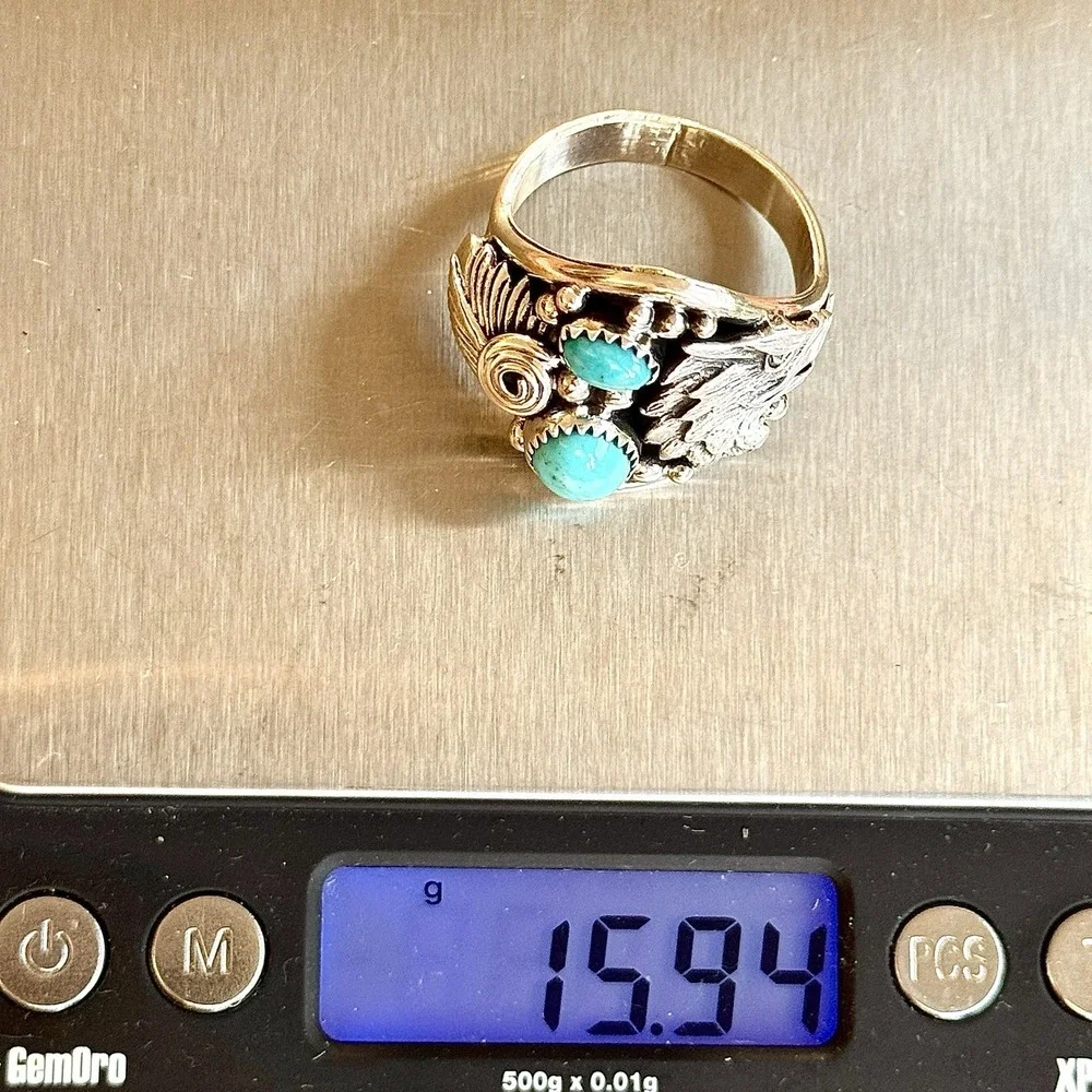 Navajo Eagle Turquoise Mens Ring Sz 14 Sterling Signed DM Native American USA